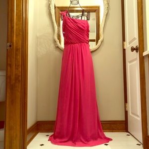 Fuschia asymmetric neckline long gown